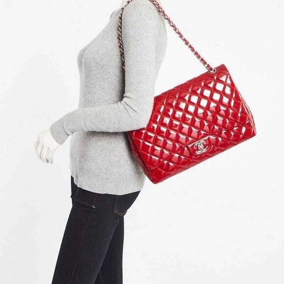 Chanel Red Quilted Patent Leather Classic Maxi Double Flap Bag - Picture 8 of 10